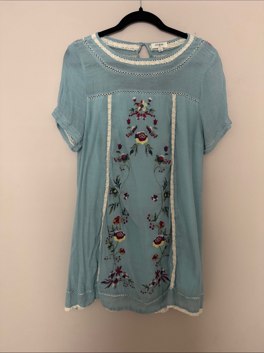 Umgee Dusty Blue Floral Embroidered Boho Dress
